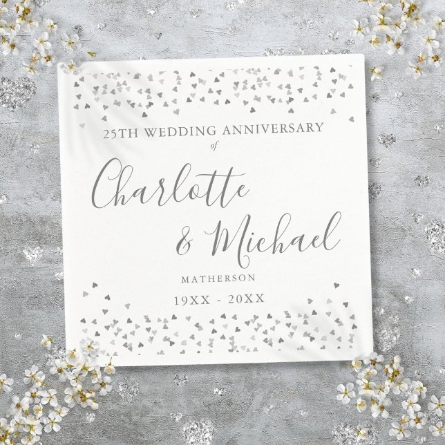 Guardanapo De Papel Assinatura do 25 (25th Anniversary Signature Silver Hearts Confetti Napkins)