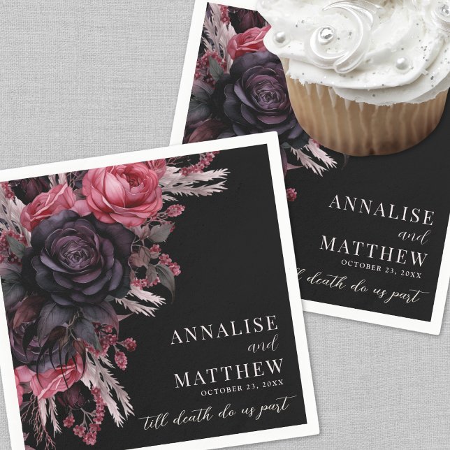 Guardanapo De Papel Até que a Morte nos Separe Casamento Gótico (Till Death Do Us Part Gothic Black Floral Wedding Napkins)