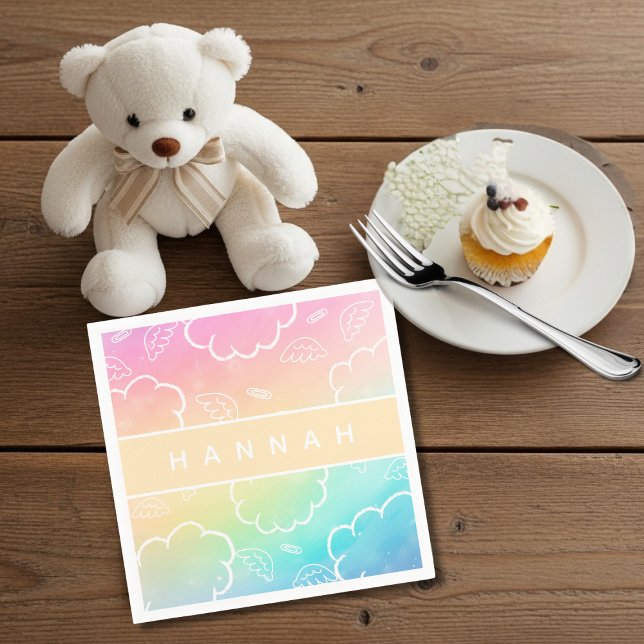 Guardanapo De Papel Aureola de Nuvem Personalizada Celestial  (Heavenly Personalized Name Halo Cloud Rainbow Napkins)