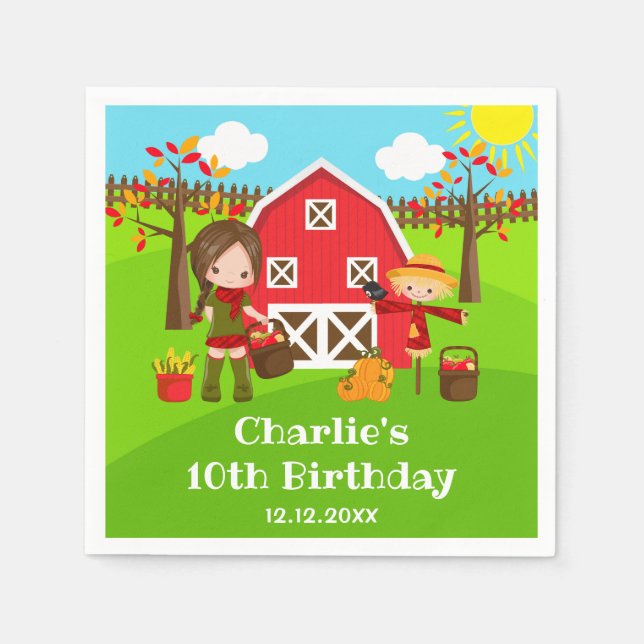 Guardanapo De Papel Autumn Barnyard Birthday Brown Hair Girl (Frente)