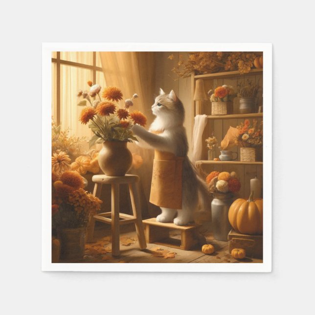 Guardanapo De Papel Autumn Cat com Flores - Ação de Graças de Queda (Frente)