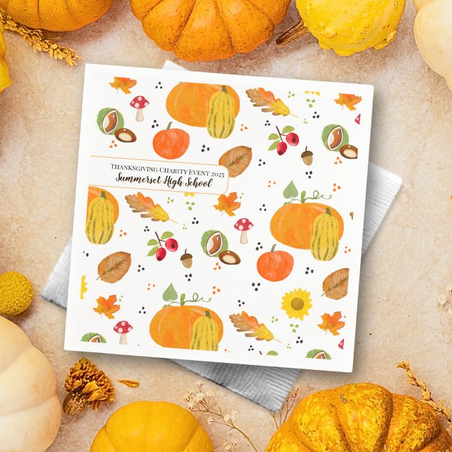 Guardanapo De Papel Autumn Lover Napkins Personalizado (Napkins with autumnal pattern, featuring pumpkins, leafs, mushrooms, buckeyes, sunflower & rose hip)