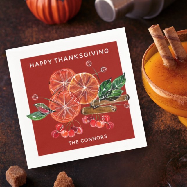 Guardanapo De Papel Autumn Orange Slices Cinnamon Sticks em Vermelho (Criador carregado)