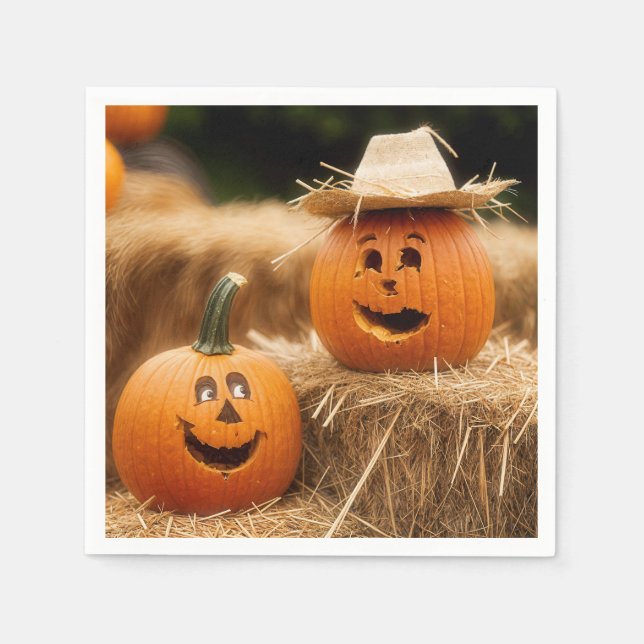 Guardanapo De Papel Autumn Pumpkins Sobre Hay Bale (Frente)