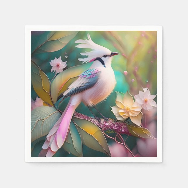 Guardanapo De Papel Ave de Fantasia Jay com Crista Branca e Cauda Rosa (Frente)