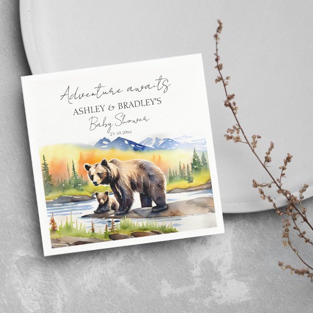 Guardanapo De Papel Aventura aguarda um filhote de urso com a mãe chá  (Adventure awaits national park themed baby shower tableware personalized napkins mam bear cub bear )