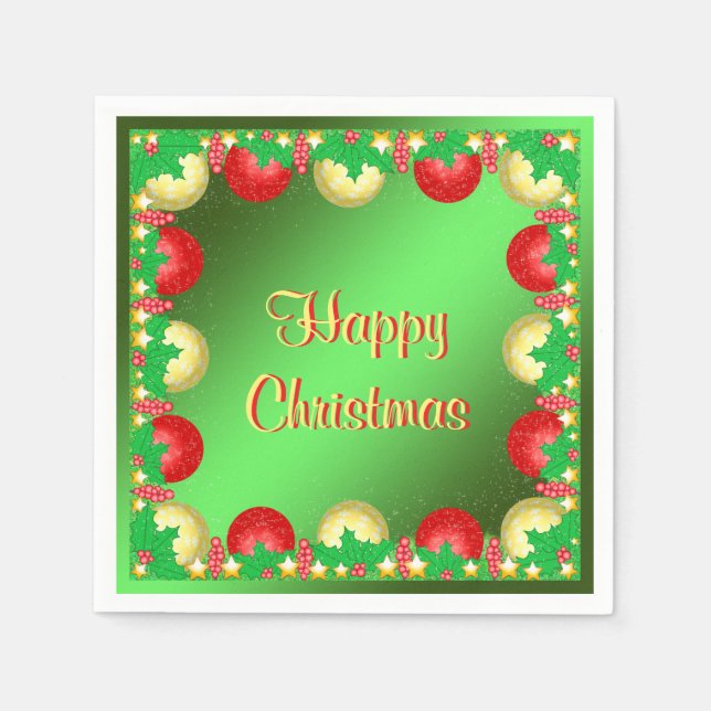 Guardanapo De Papel Azevinho de Natal & Bolas "Feliz Natal" (Frente)