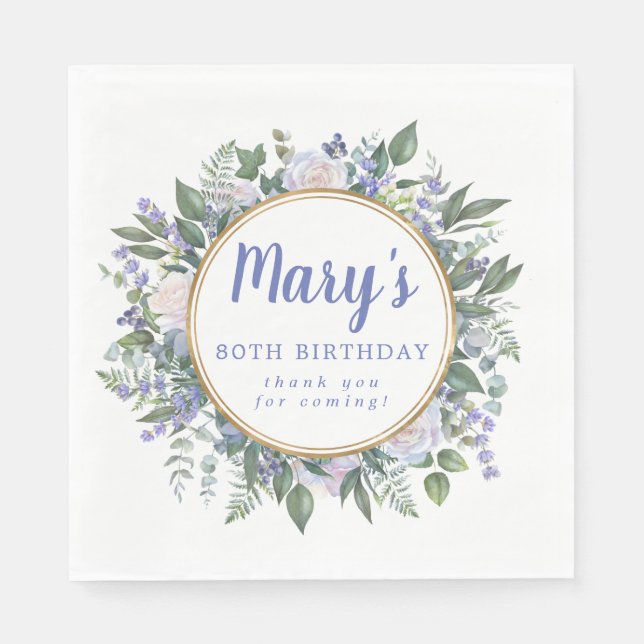 Guardanapo De Papel Azul 80 Floral Branco Aniversário Obrigado (Frente)