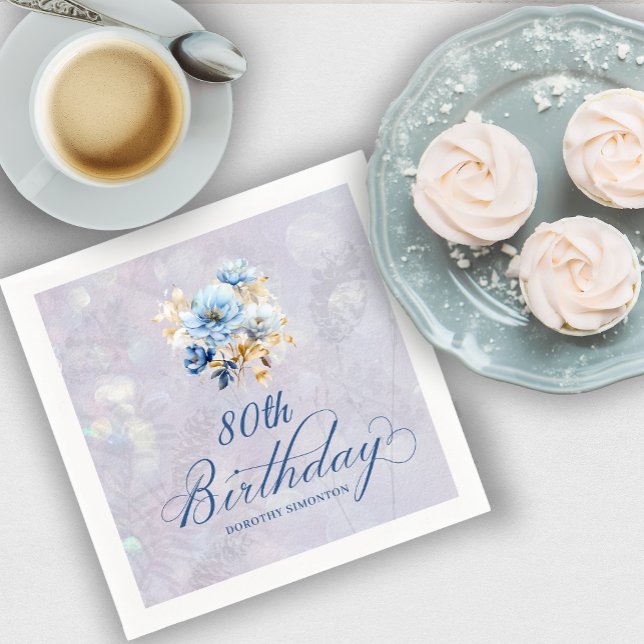 Guardanapo De Papel Azul-branco-aquarela 80 Floral Aniversário (Criador carregado)