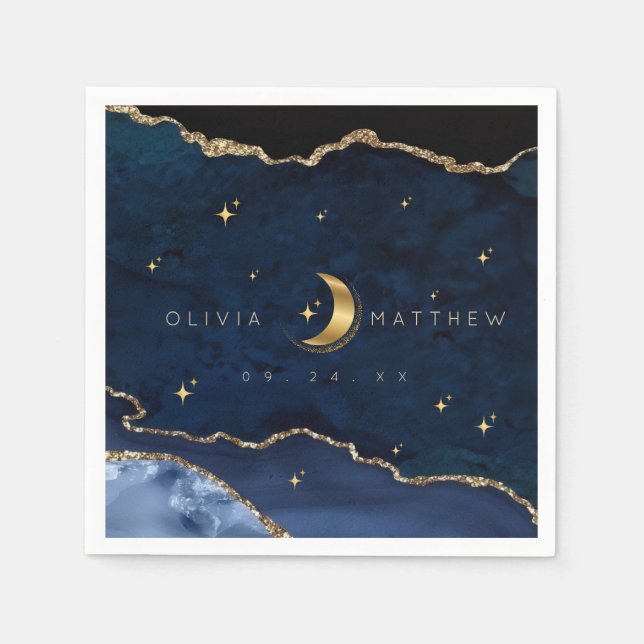 Guardanapo De Papel Azul Celestial Casamento Estrelas Meia-Noite Lua  (Frente)