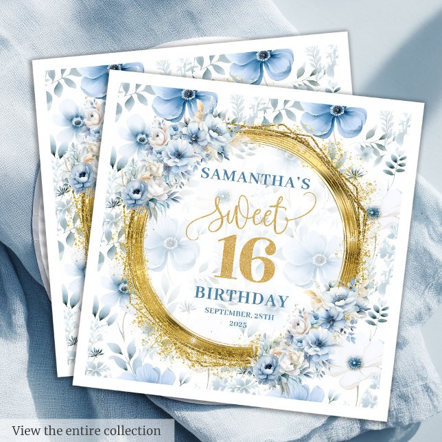 Guardanapo De Papel Azul-claro personalizado Doce 16 Glitter Dourado (Personalized Light Blue Sweet Sixteen Gold Glitter Napkins)