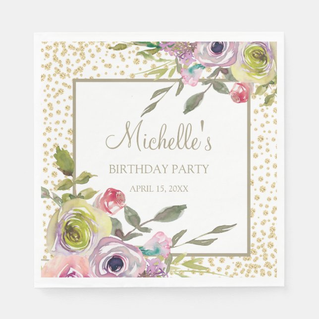 Guardanapo De Papel Azul Dourado Floral Púrpura Pastel Aniversário (Frente)
