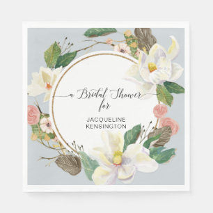 Guardanapo De Papel Azul Dusty Magnolia Branca Floral Folha de Água