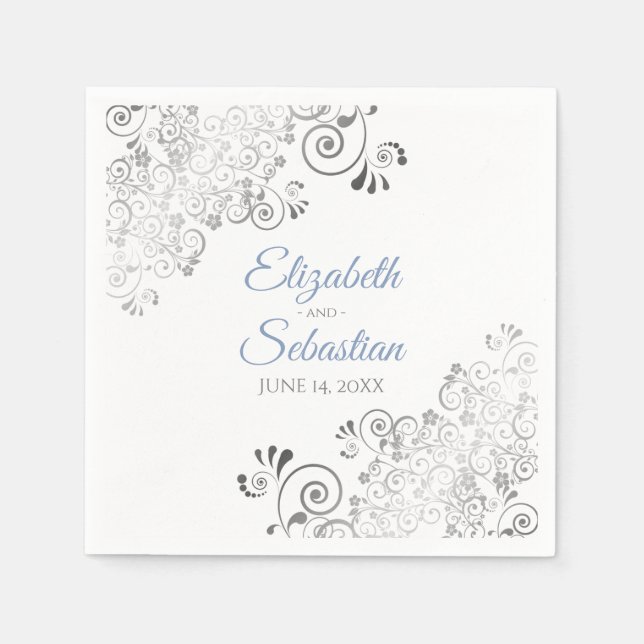 Guardanapo De Papel Azul e Cinza com Casamento Elegante de Prata (Frente)