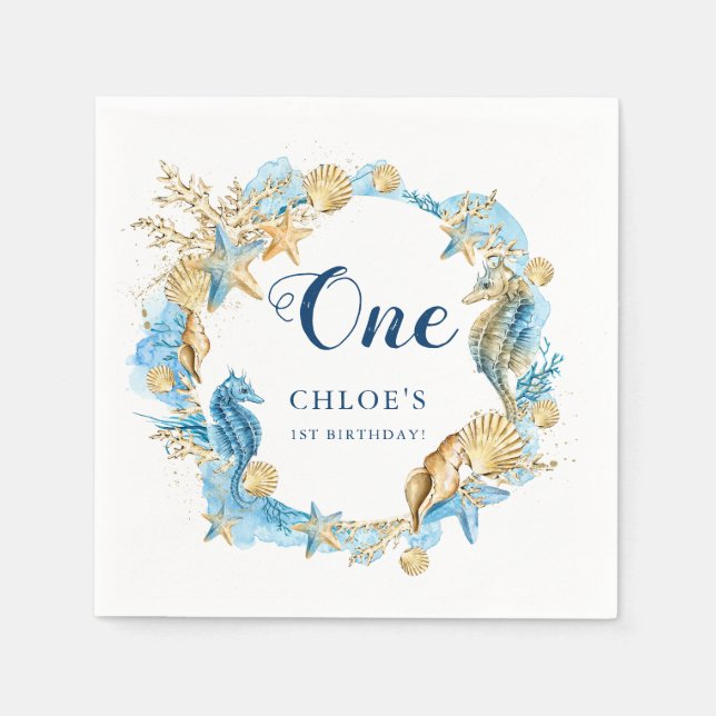 Guardanapo De Papel Azul e Dourado sob o aniversário do mar (Frente)