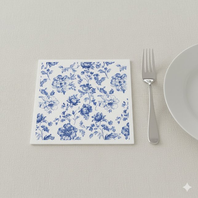 Guardanapo De Papel Azul e floral branco do software (Light blue and white delftware style paper napkin.)