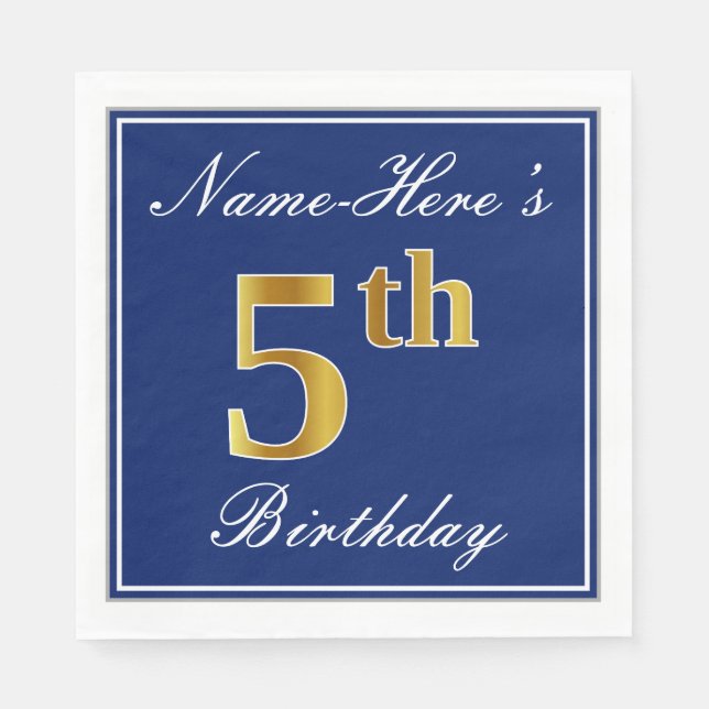 Guardanapo De Papel Azul Elegante, Azul Dourado Faux Aniversário + Nom (Frente)