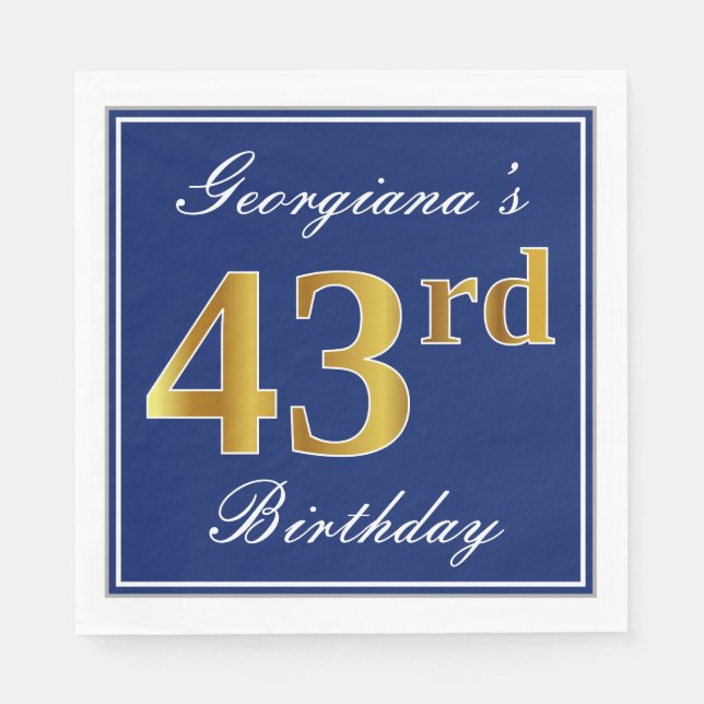 Guardanapo De Papel Azul Elegante, Faux Dourado 43º Aniversário; Nome  (Frente)