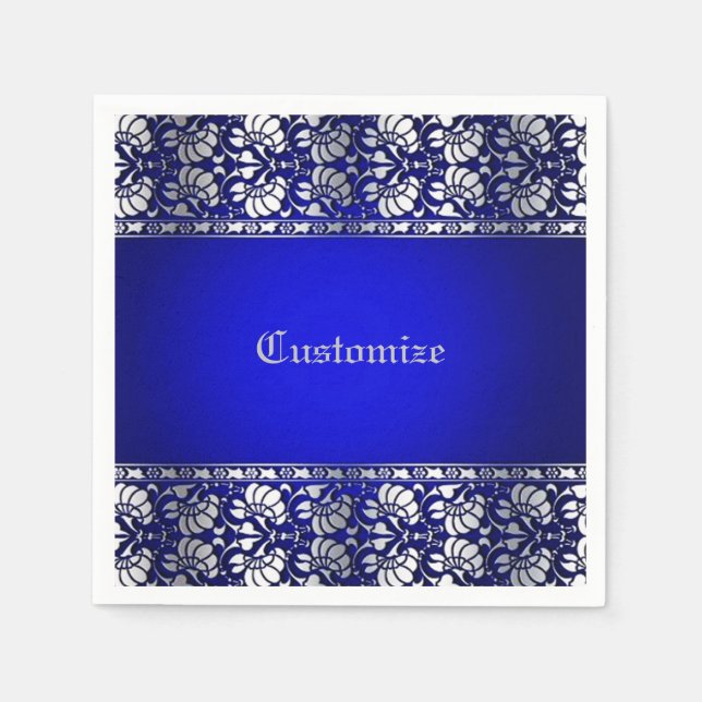 Guardanapo De Papel Azul Elegante & Prata Personalizado (Frente)