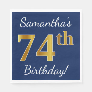Guardanapo De Papel Azul, Faux Dourado 74.º Aniversário + Nome Perso
