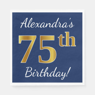 Guardanapo De Papel Azul, Faux Dourado 75.º Aniversário + Nome Persona