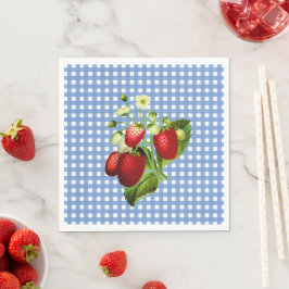 Guardanapo De Papel Azul Gingham e Morangos - Papel de Almoço Napkin