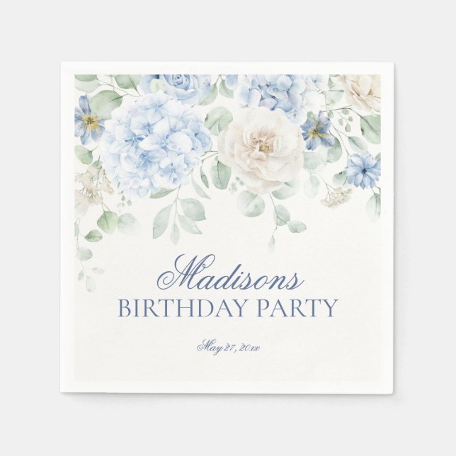 Guardanapo De Papel Azul Hídrangea Blooms Botânicos Aniversário (Frente)
