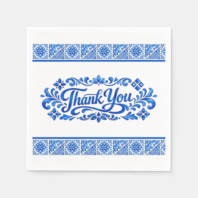 Guardanapo De Papel Azul & Limone Romance Azul Tile Obrigado Casamento (Frente)