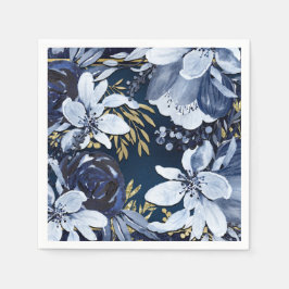 Guardanapo De Papel Azul Marinho e Dourado Floral Aquarelado Elegante