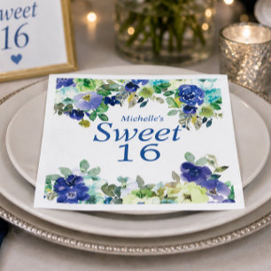 Guardanapo De Papel Azul Marinho Verde Salvia Floral Doce 16 Aniversár