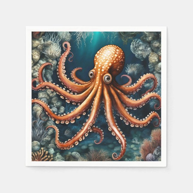 Guardanapo De Papel Azul Profundo de Octopus Oceano (Frente)