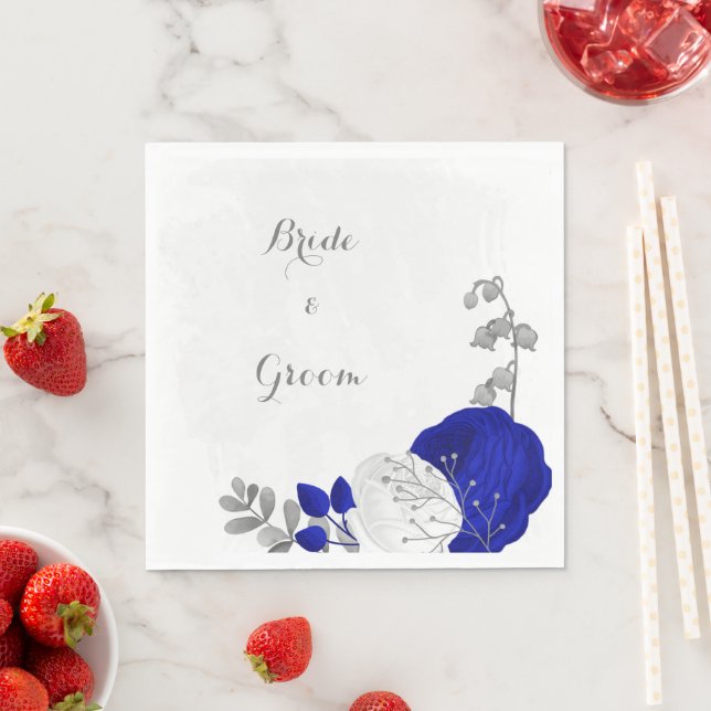 Guardanapo De Papel azul real & flores brancas casamento prateado (Insitu)