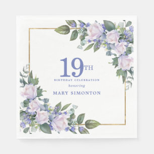 Guardanapo De Papel Azul Rosa Branco Floral Personalizada 19ª Festa de
