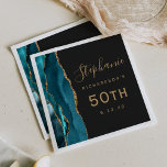 Guardanapo De Papel Azul-Teal, Dourado Script Dark 50th Birthday<br><div class="desc">Estes elegantes guardanapos de festa de aniversário 50ª e modernos apresentam uma cor azul-lacrimogênea agata design aparada com falso brilho dourado. Personalize facilmente o texto em um script de manuscrito dourado e em um tipo de letra copperplate em um plano de fundo off-black.</div>