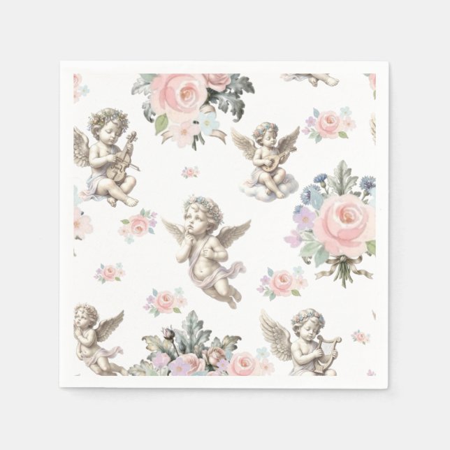 Guardanapo De Papel Azulejo de anjos retrô Querubins e flores pastéis (Frente)