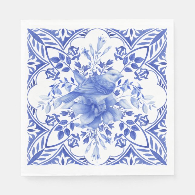 Guardanapo De Papel Azulejo Floral Azul e Branco com Pássaros Nápoles (Frente)