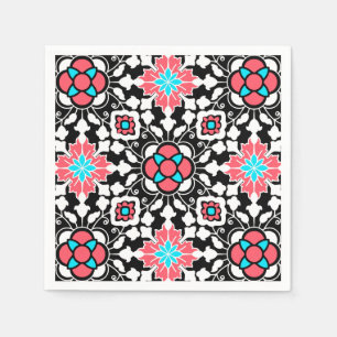 Guardanapo De Papel Azulejo marroquino floral, preto, branco e rosa do