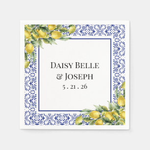 Guardanapo De Papel Azulejo Mosaico Azul Limão Mediterrâneo Casamento