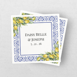 Guardanapo De Papel Azulejo Mosaico Azul Limão Mediterrâneo Casamento