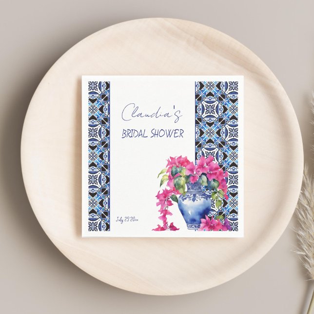 Guardanapo De Papel Azulejos azuis Bougainvillea chá de panela (Blue French Mediterranean Tiles Bougainvillea ceramic vase bridal shower printed Napkins table decor)