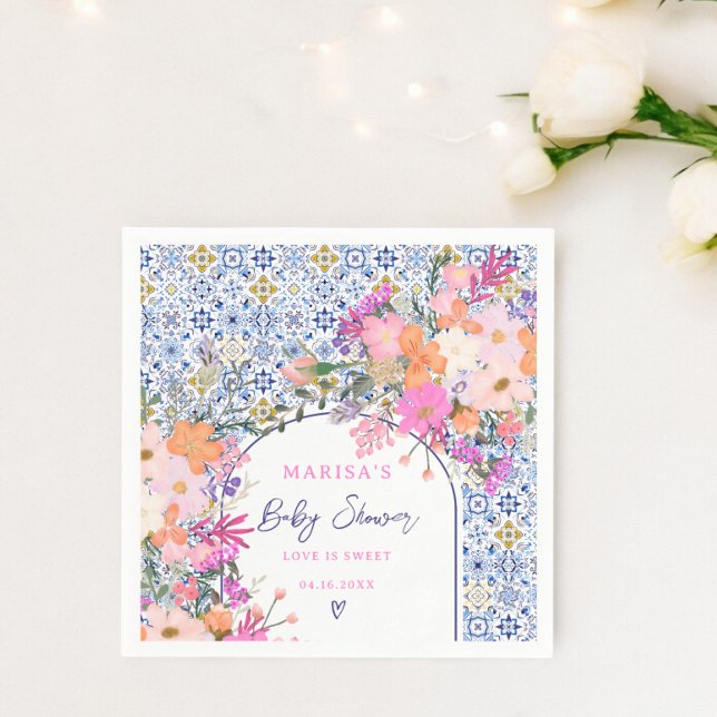 Guardanapo De Papel Azulejos azuis chá de fraldas de flores silvestres (Blue tiles watercolor wildflowers baby shower napkins)