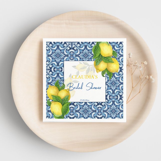 Guardanapo De Papel Azulejos azuis e laranja personalizado para chá de (Blue tiles and lemon Amalfi bridal shower custom Napkins personalized bridal shower tableware)