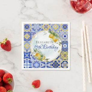 Guardanapo De Papel Azulejos Azuis Gregos Limões Dourado do Lítio