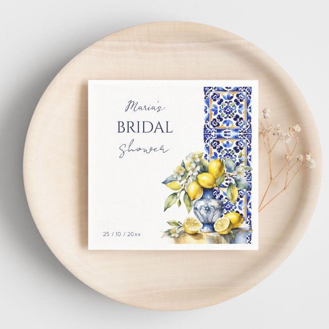 Guardanapo De Papel Azulejos azuis italianos limões modelo (Amalfi Italian Vietri blue tiles lemons bridal shower template Napkins personalized tableware decor)