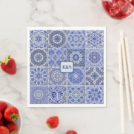 Guardanapo De Papel Azulejos bonito pintados de azul e branco com inic