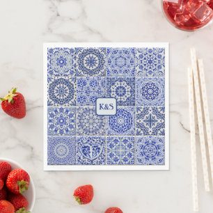 Guardanapo De Papel Azulejos bonito pintados de azul e branco com inic
