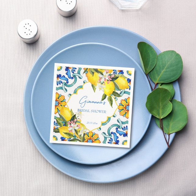 Guardanapo De Papel Azulejos de maiolica mediterrâneos limões chá de n (Mediterranean Majolica blue tiles lemons bridal shower personalized printed Napkins table decor)
