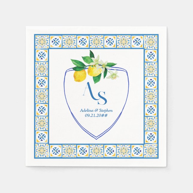 Guardanapo De Papel Azulejos do Mediterrâneo Azul Itália Crest Lemon W (Frente)