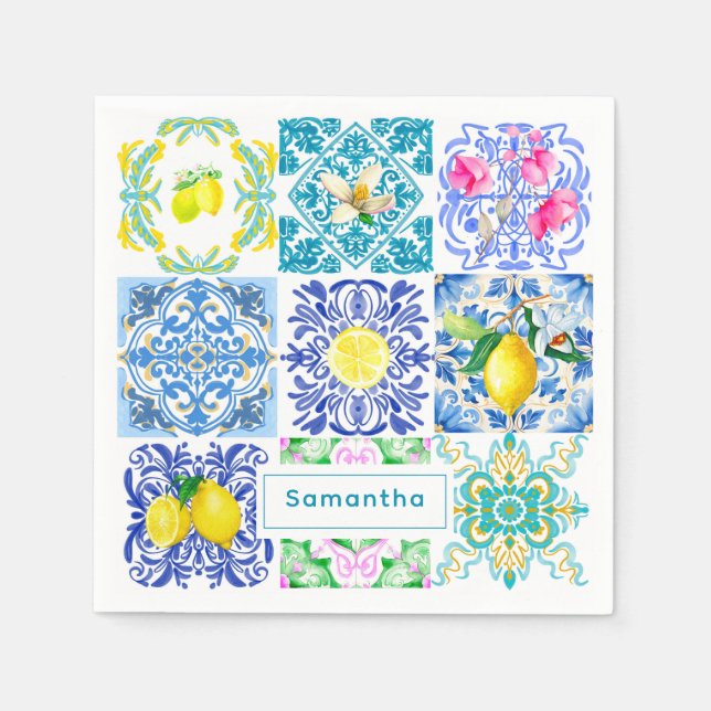 Guardanapo De Papel Azulejos do Mediterrâneo Chic Sicilian azulejo Ama (Frente)