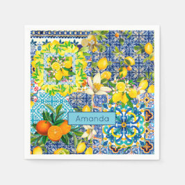 Guardanapo De Papel Azulejos florais de citrinos de cor azul-chic